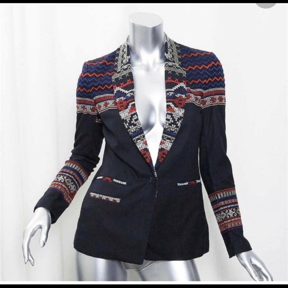 Joie red, white, tan, embroidered blue navy blazer, small